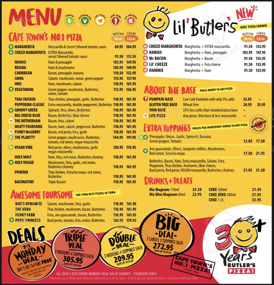 Menu at Butlers Pizza pizzeria, Cape Town, 45 Mill Street