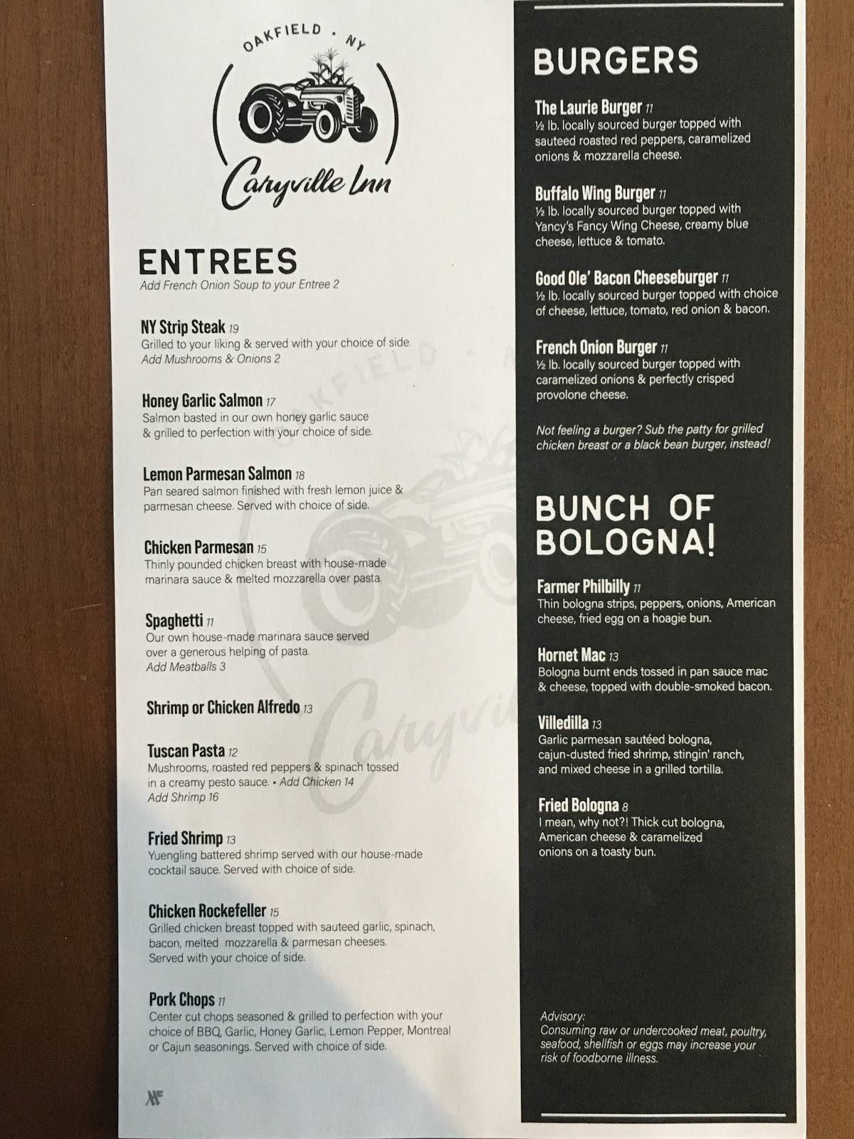 Menu at Caryville Inn restaurant, Oakfield