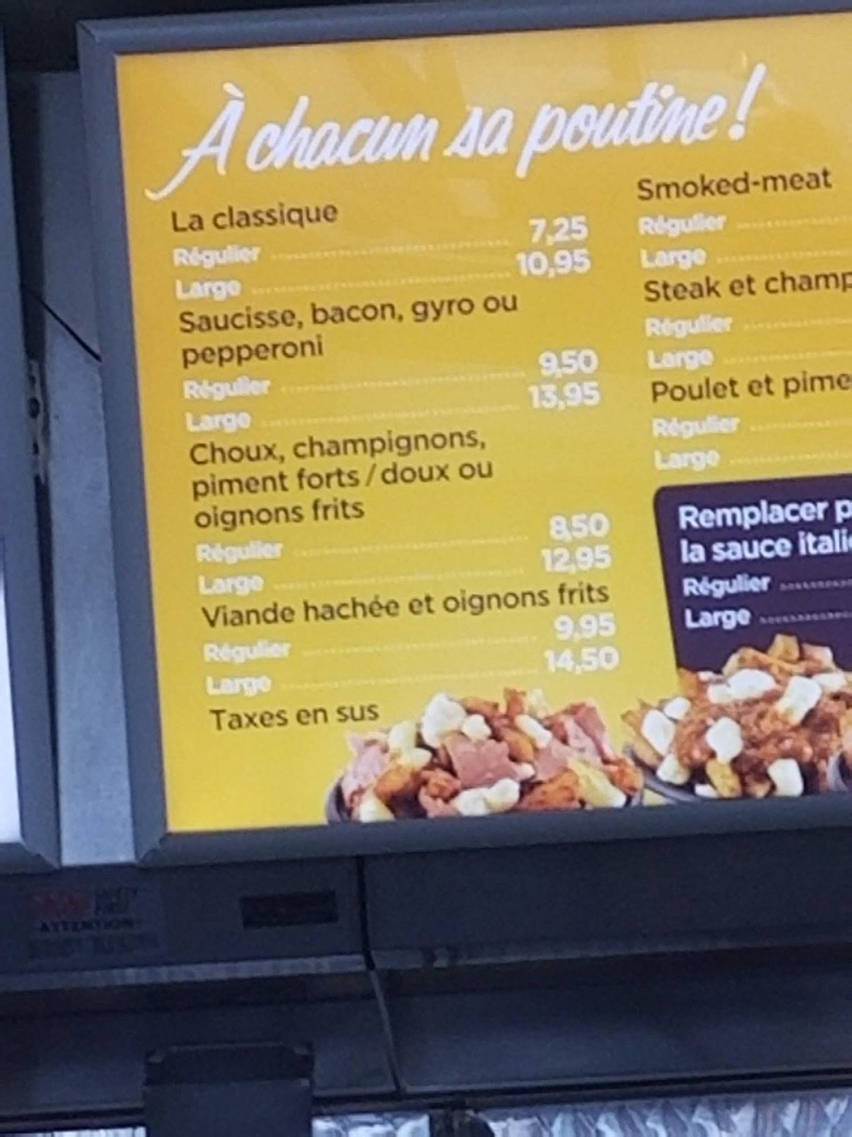 Menu au Le Petit Québec restaurant, SorelTracy