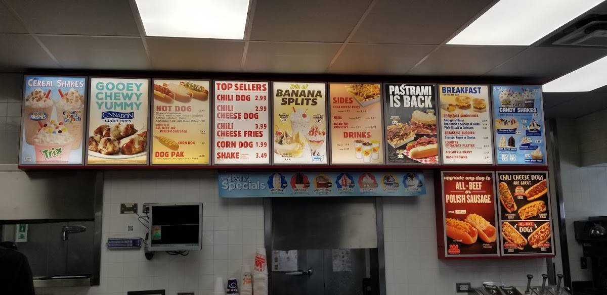 Menu at Wienerschnitzel fast food, Montrose