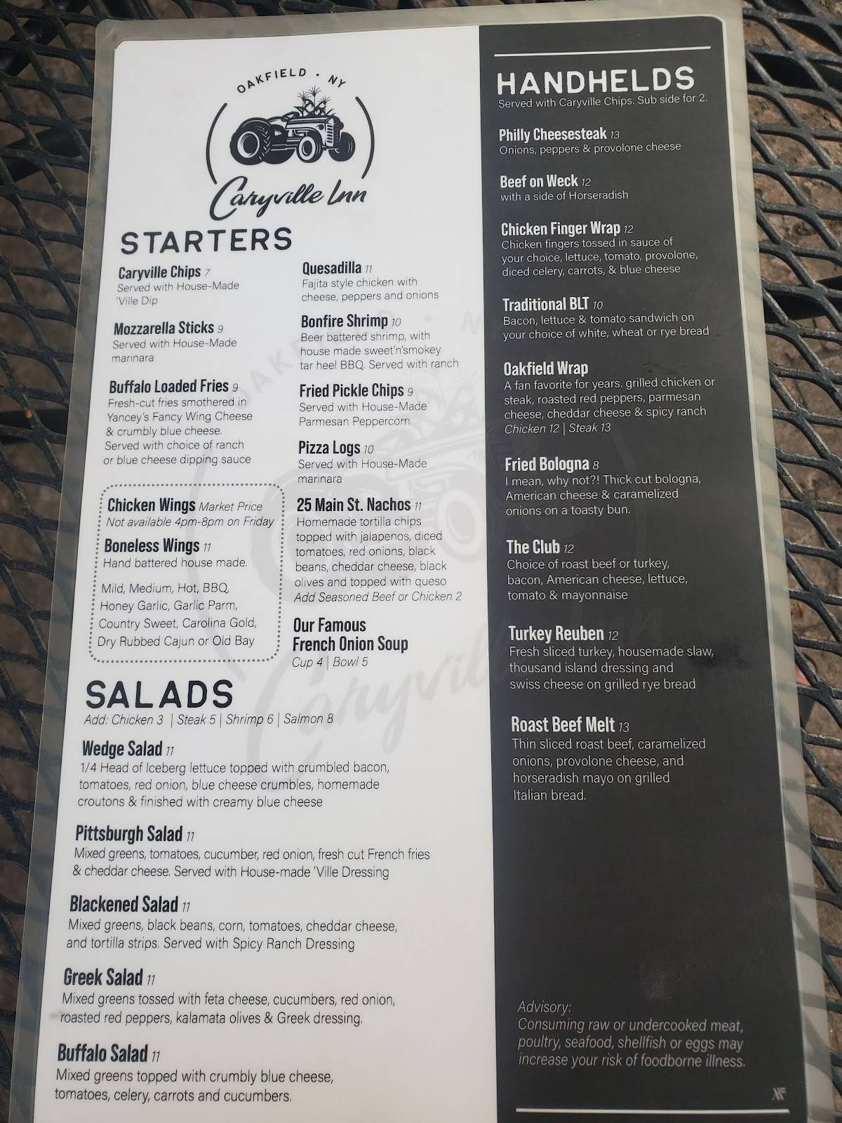 Menu at Caryville Inn restaurant, Oakfield