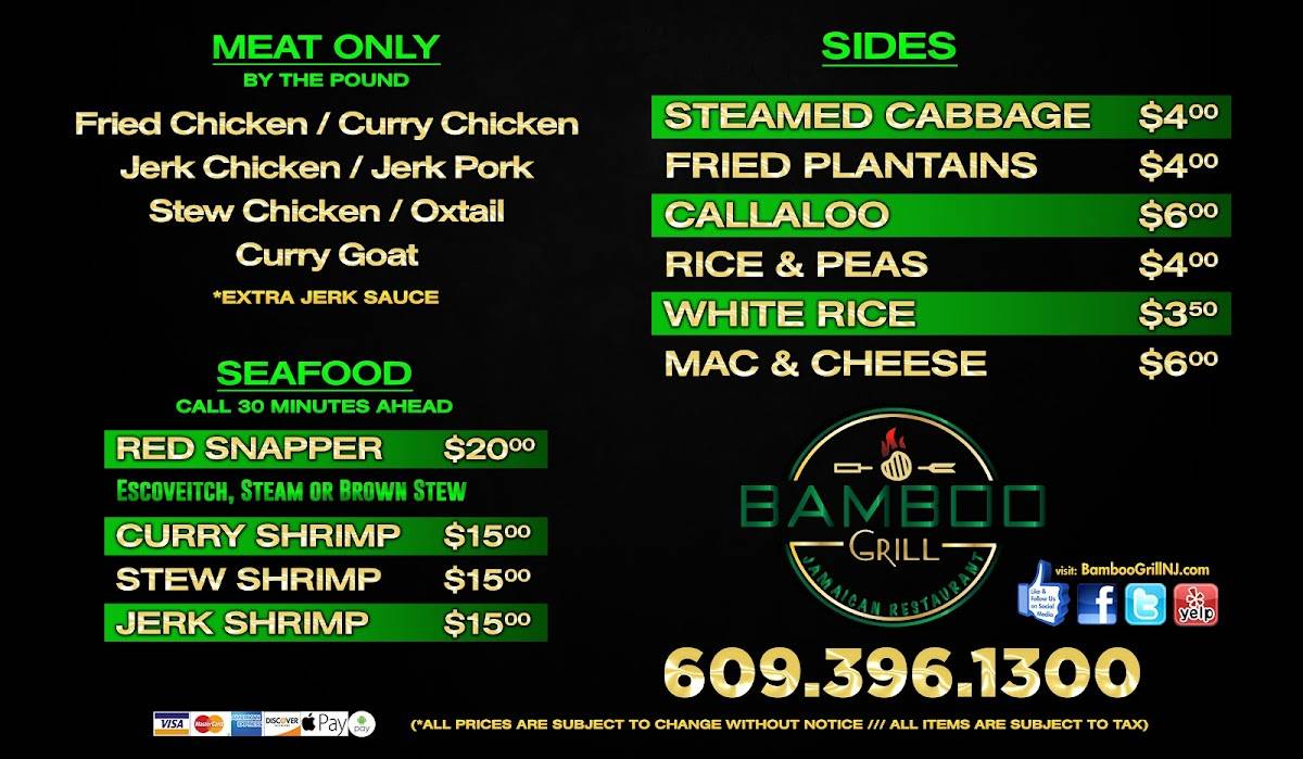 Carta de Bamboo Grill Jamaican Restaurant, Trenton
