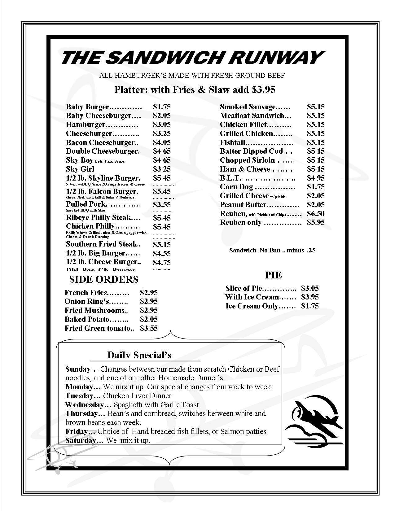 Menu at Skyline Family Restaurant, Minford