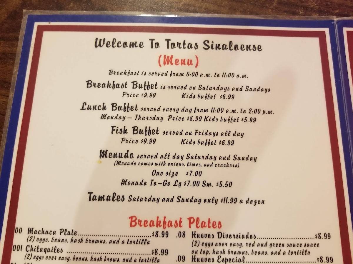 Menu at Tortas El Sinaloense restaurant, Kermit