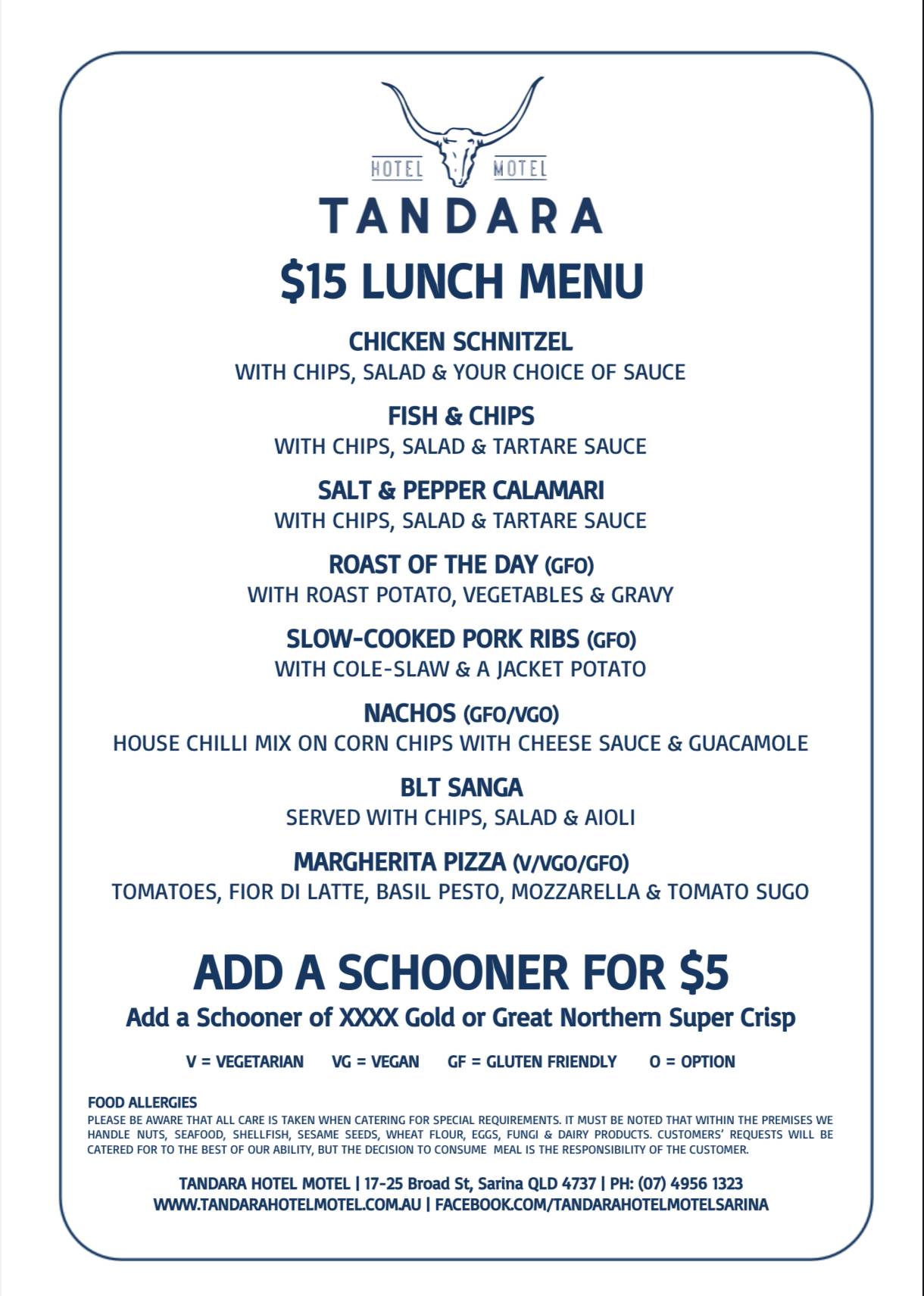 Menu at Tandara Hotel pub & bar, Sarina