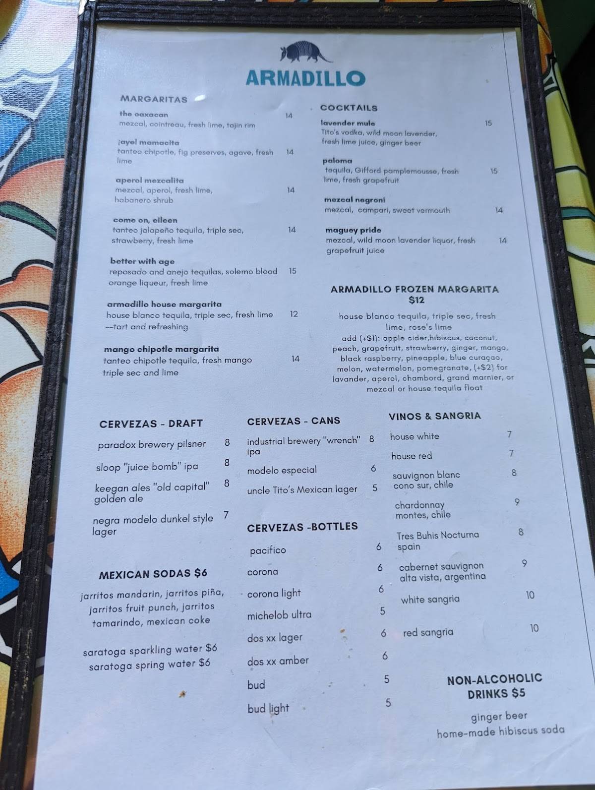 Menu at Armadillo restaurant, Kingston