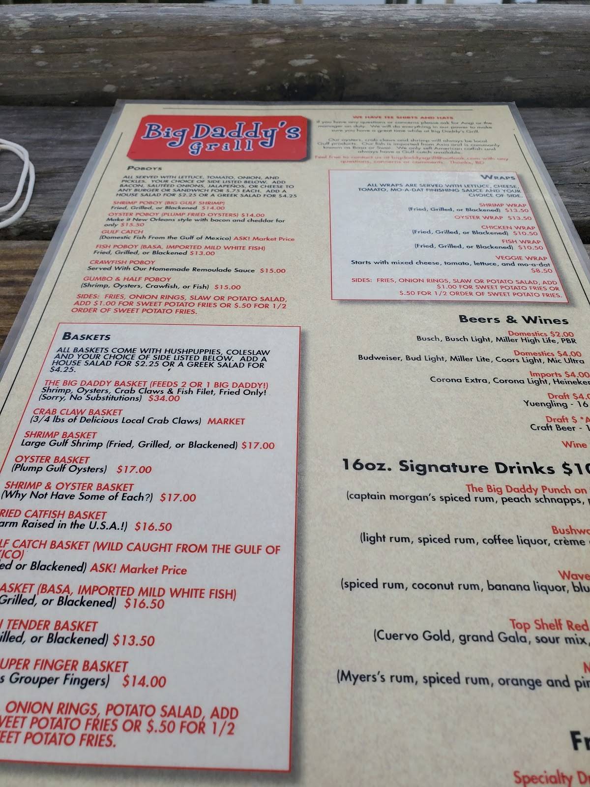 Menu at Big Daddy's Grill, LLC. restaurant, Fairhope