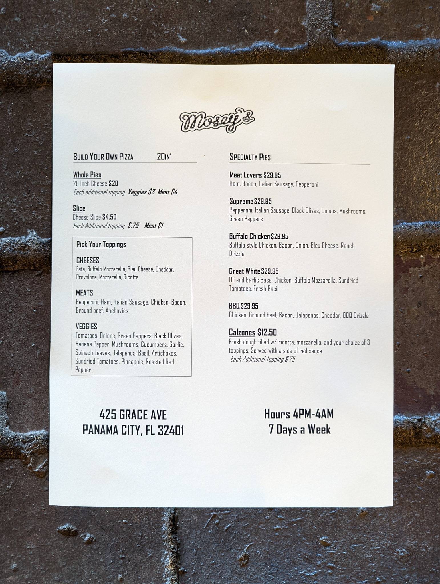 Menu at Mosey's Downtown pub & bar, Panama City