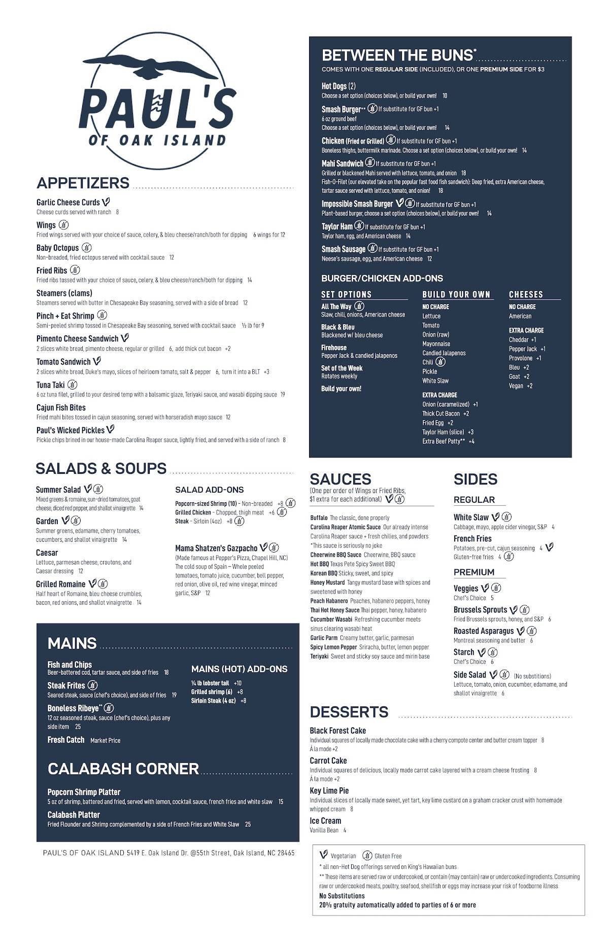Menu at Paul's of Oak Island pub & bar, Oak Island