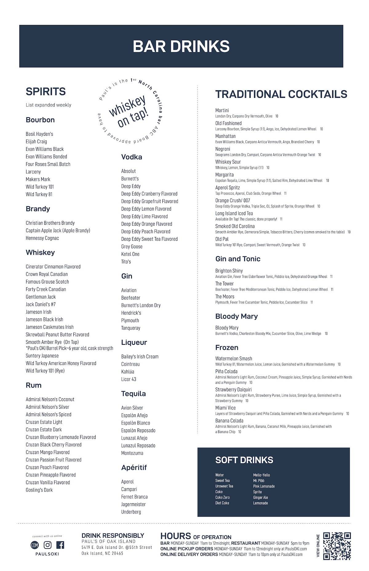 Menu at Paul's of Oak Island pub & bar, Oak Island