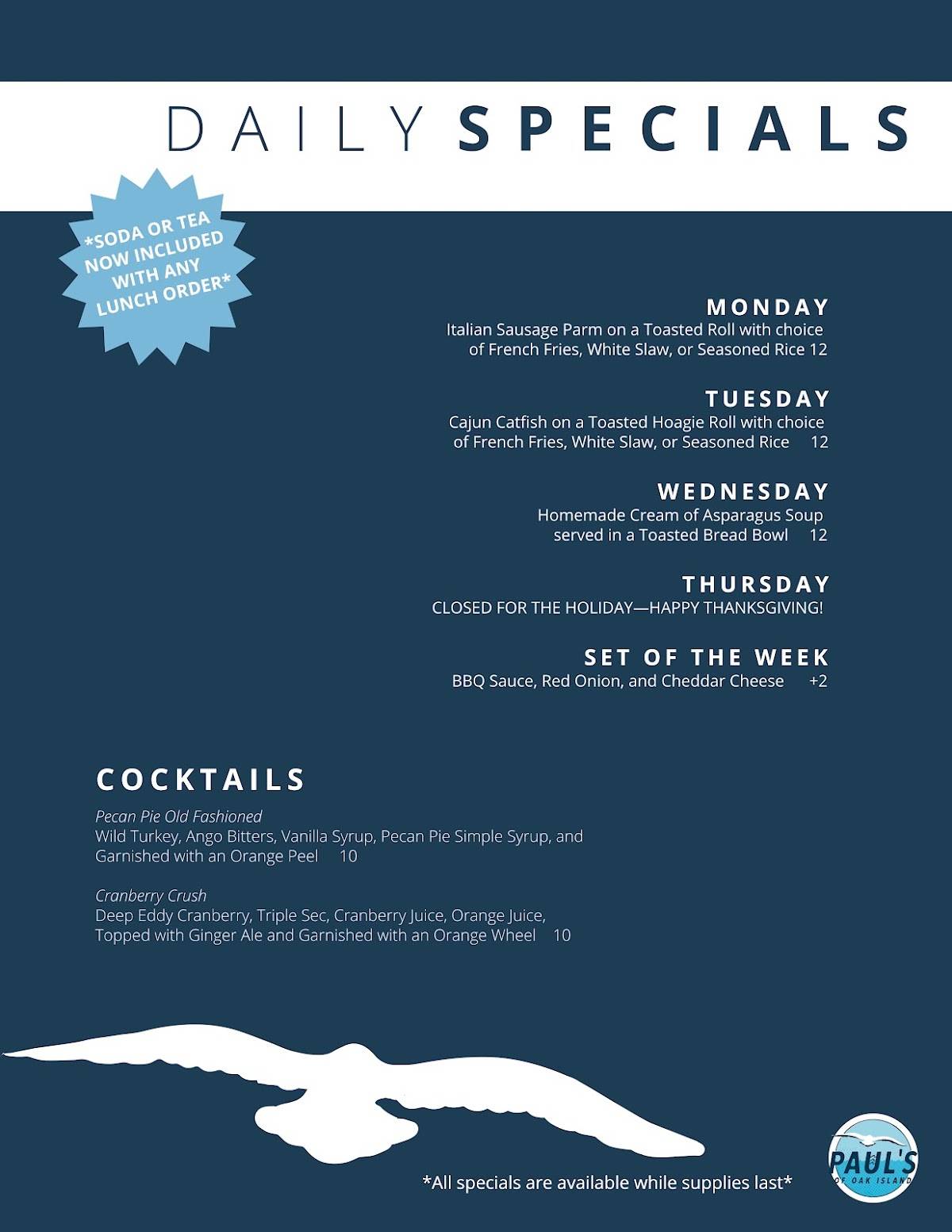 Menu at Paul's of Oak Island pub & bar, Oak Island