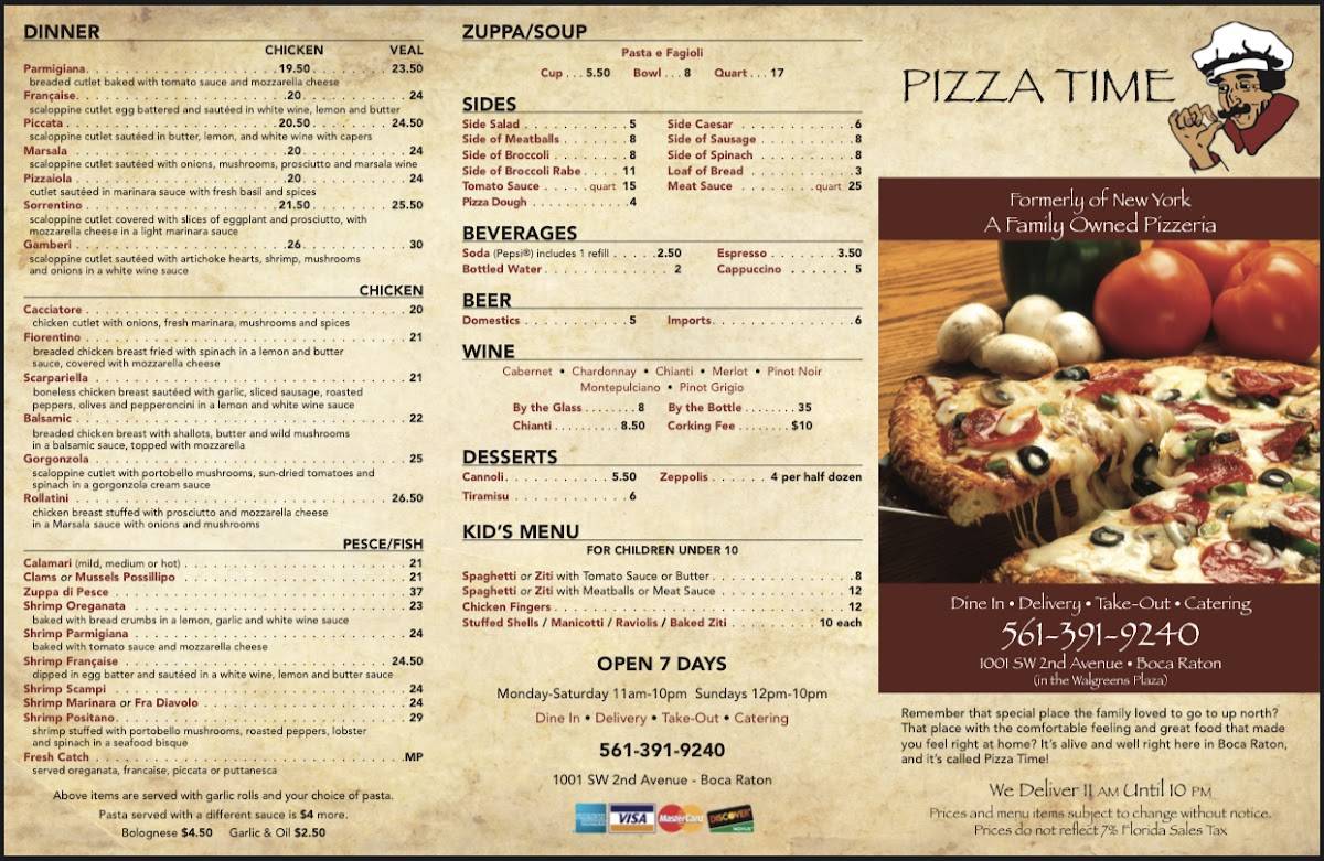 Menu At Pizza Time Pizzeria Boca Raton SW 2nd Ave 7000