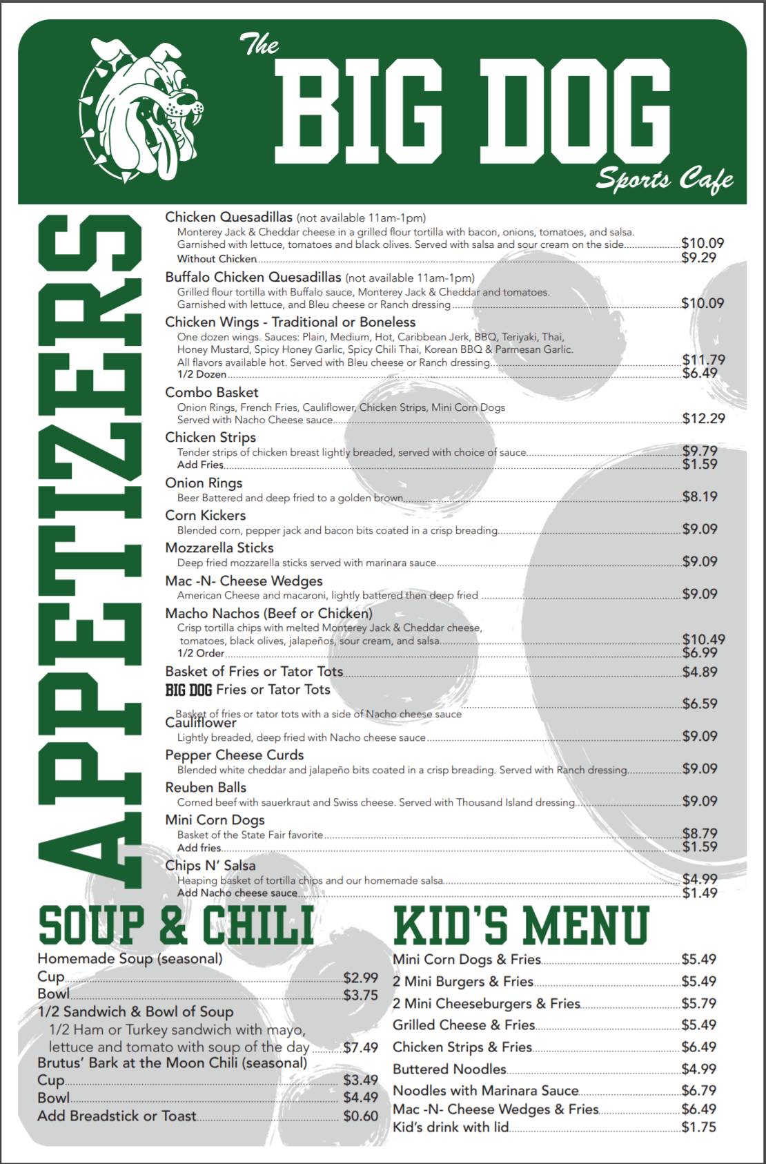 Menu at Big Dog Sports Cafe, North Mankato