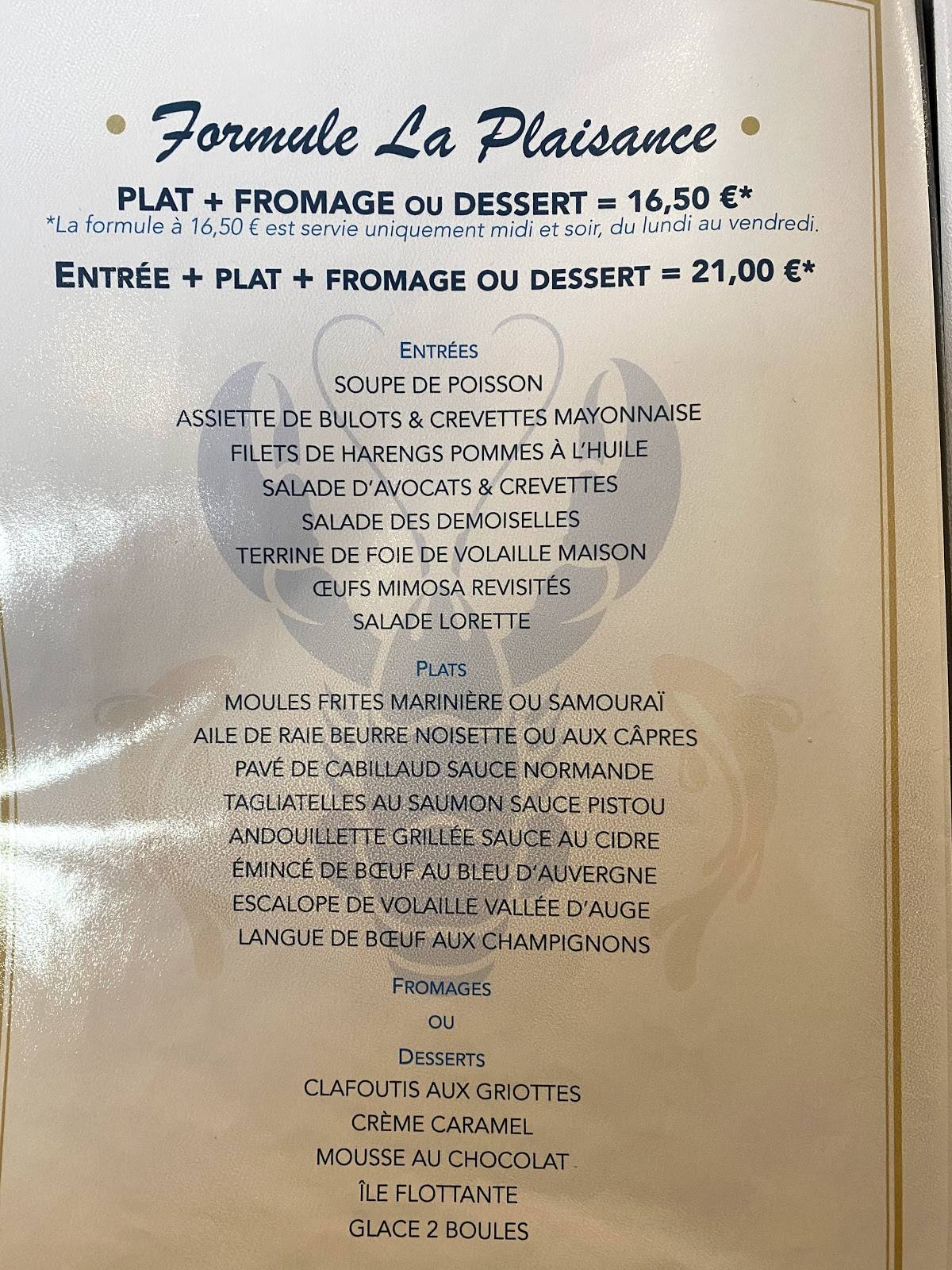 Menu au La Plaisance restaurant, Fécamp