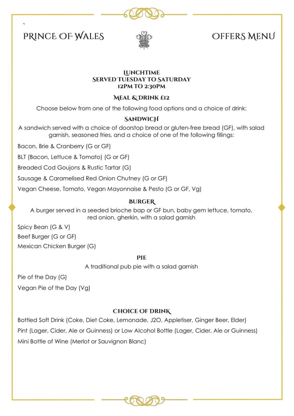 Menu at Prince Of Wales Hoath pub & bar, Hoath, Maypole Rd