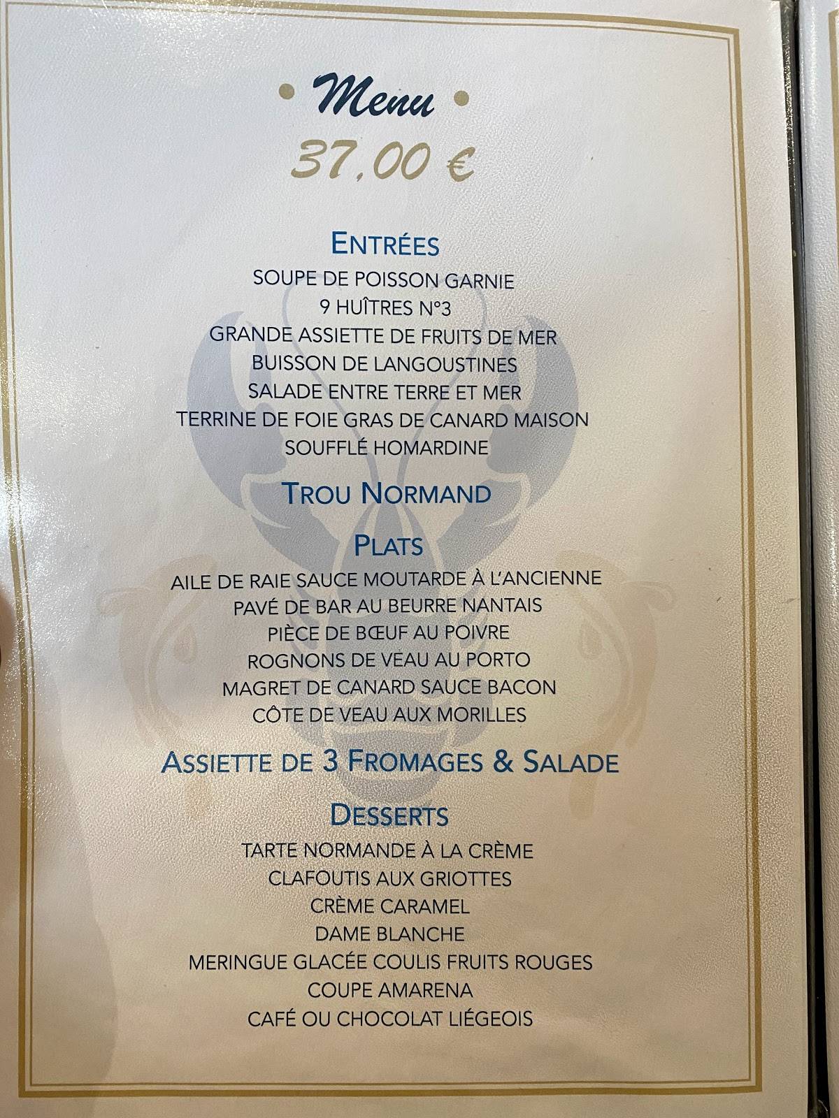 Menu au La Plaisance restaurant, Fécamp