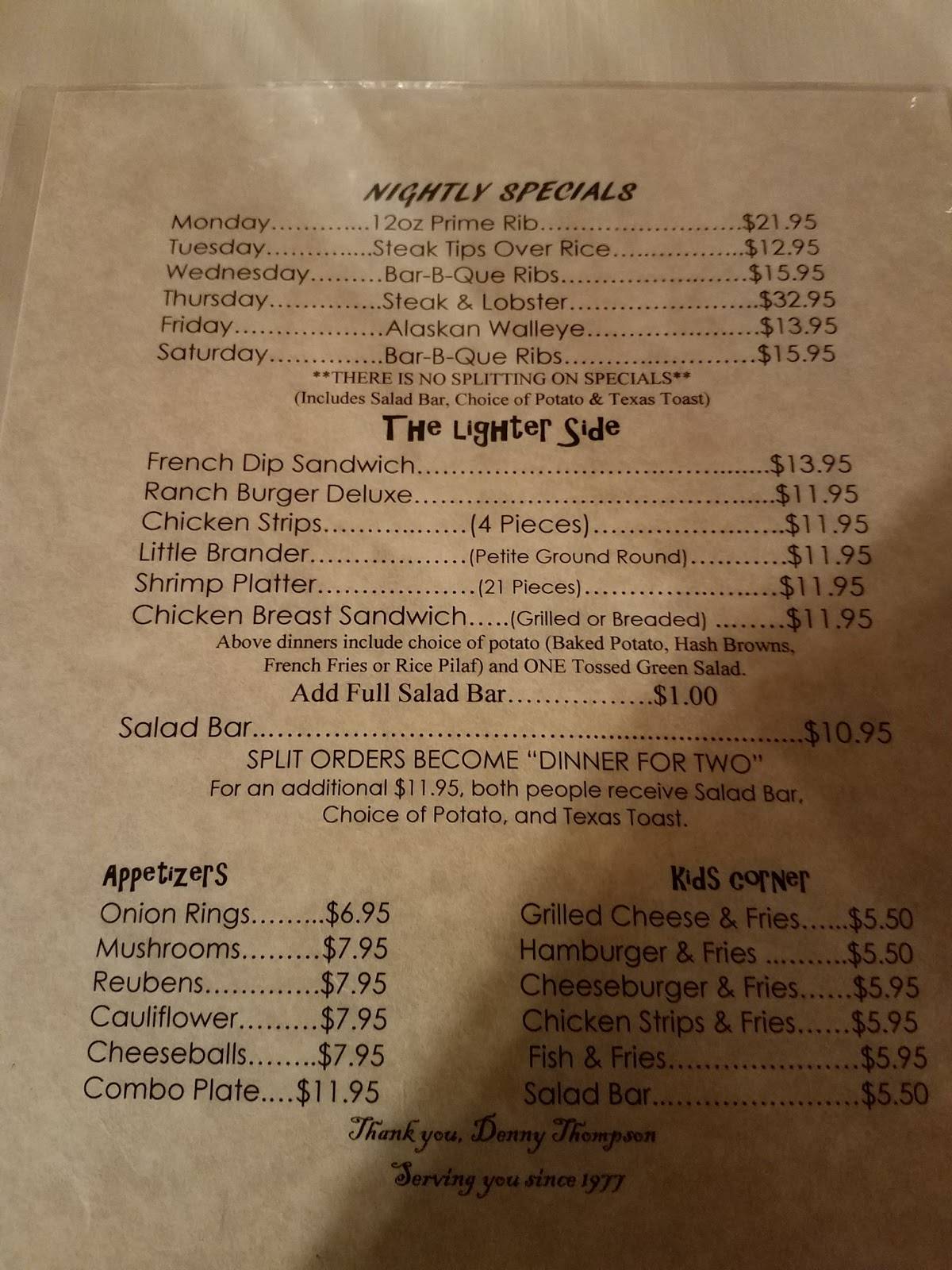 Menu at Branding Iron steakhouse, Thompson