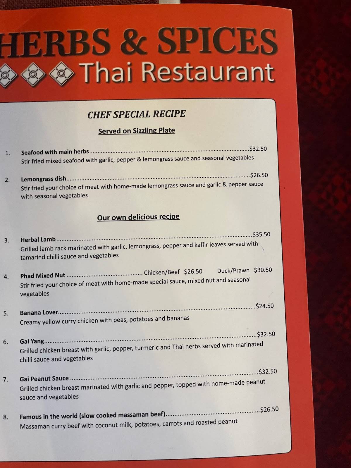 Menu at Herbs & Spice Thai Restaurant, Rotorua
