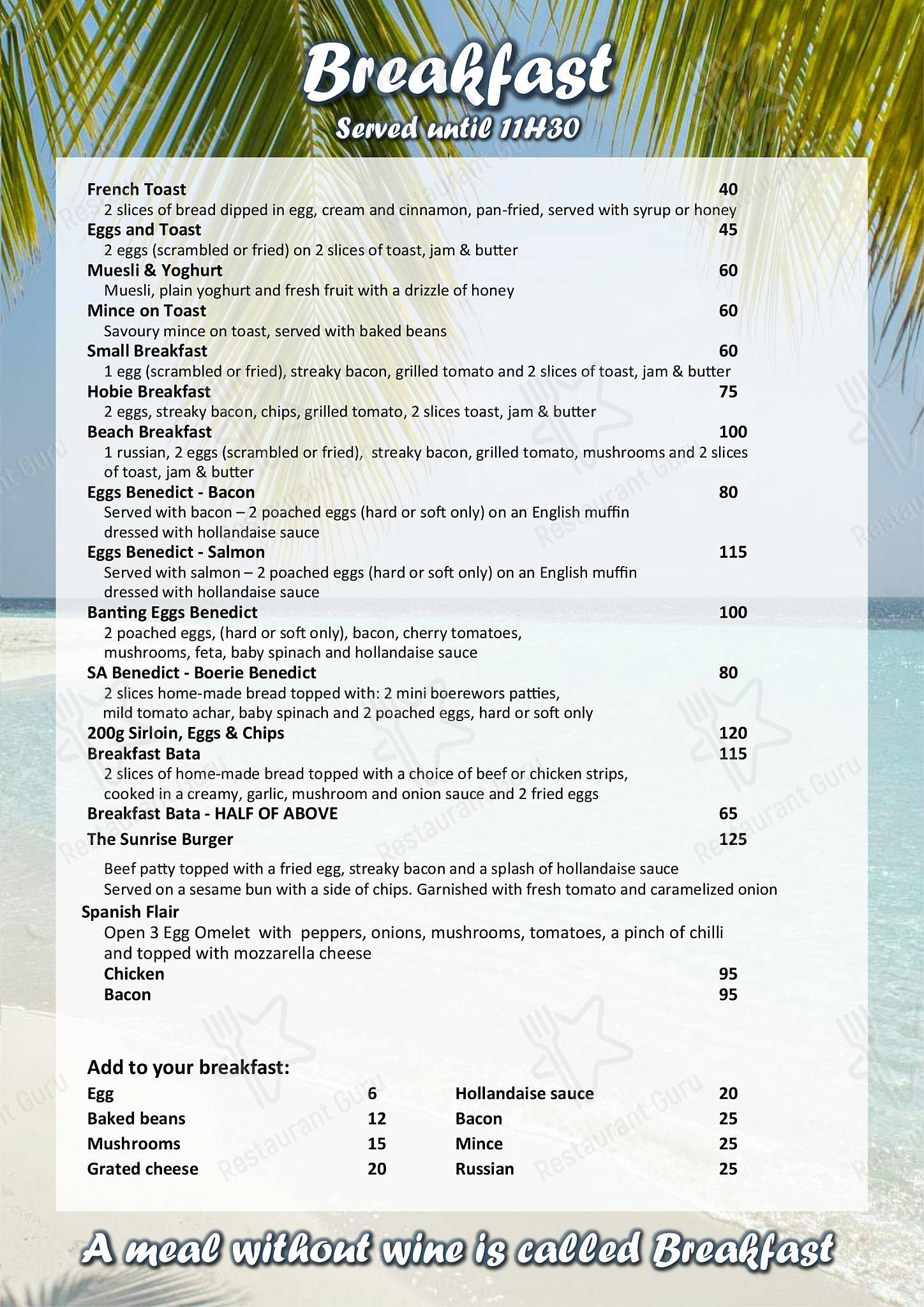 Menu at Marc's Beach Bar, Langebaan, Club Mykonos Resort