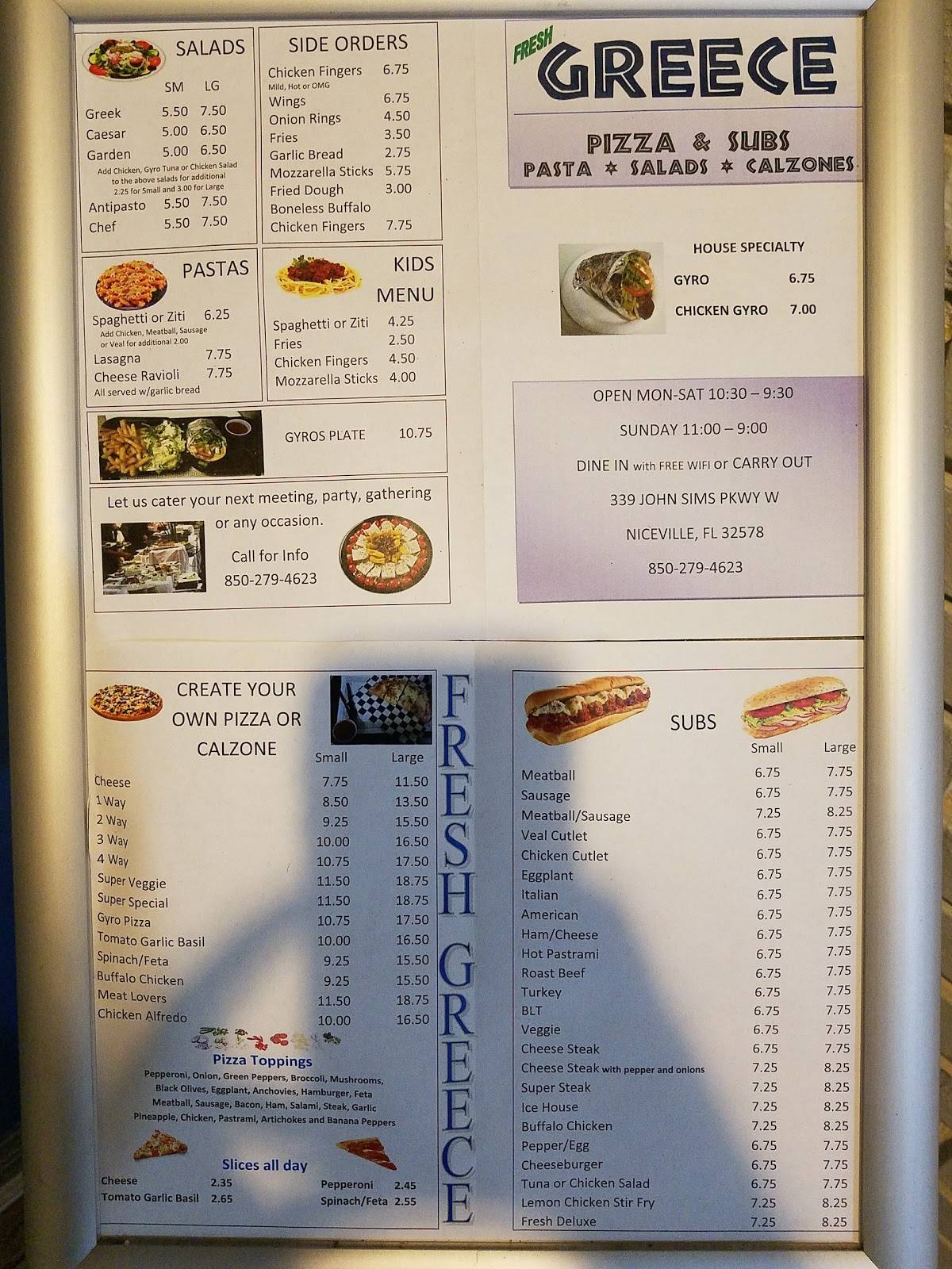 Menu at Fresh Greece Pizza & Grill pizzeria, Niceville