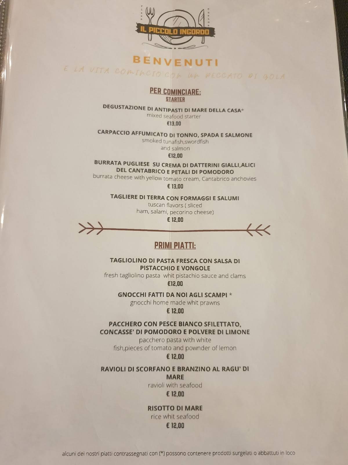 Menu da Il Piccolo Ingordo ristorante, Marina di Pietrasanta