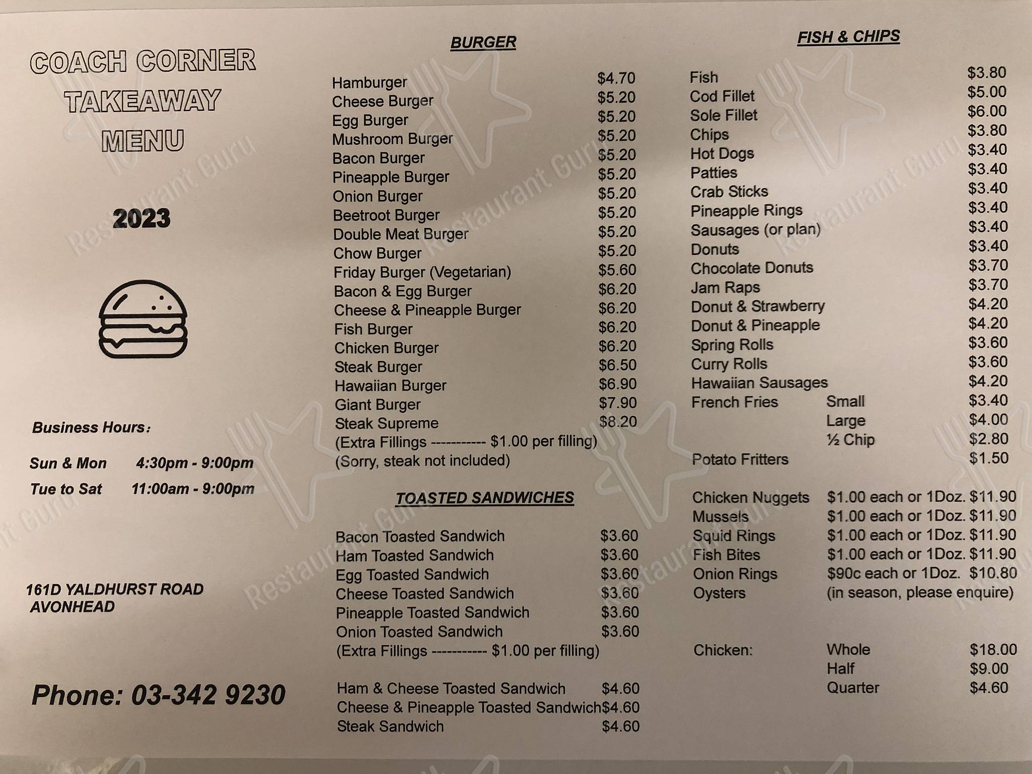 Menu at Coach Corner Takeaways restaurant, Christchurch