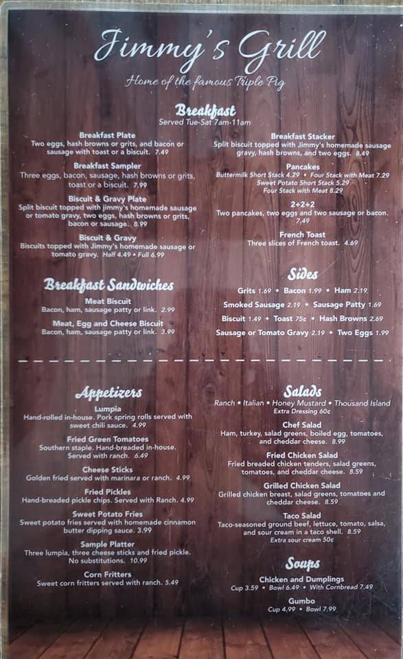 Menu at Jimmy's Grill restaurant, Molino, US29