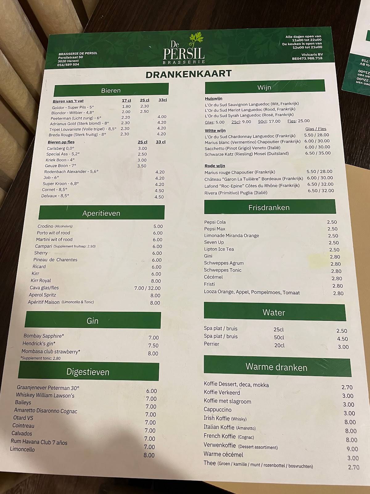 Menu at Brasserie DE PERSIL, Herent, brasserie DE PERSIL