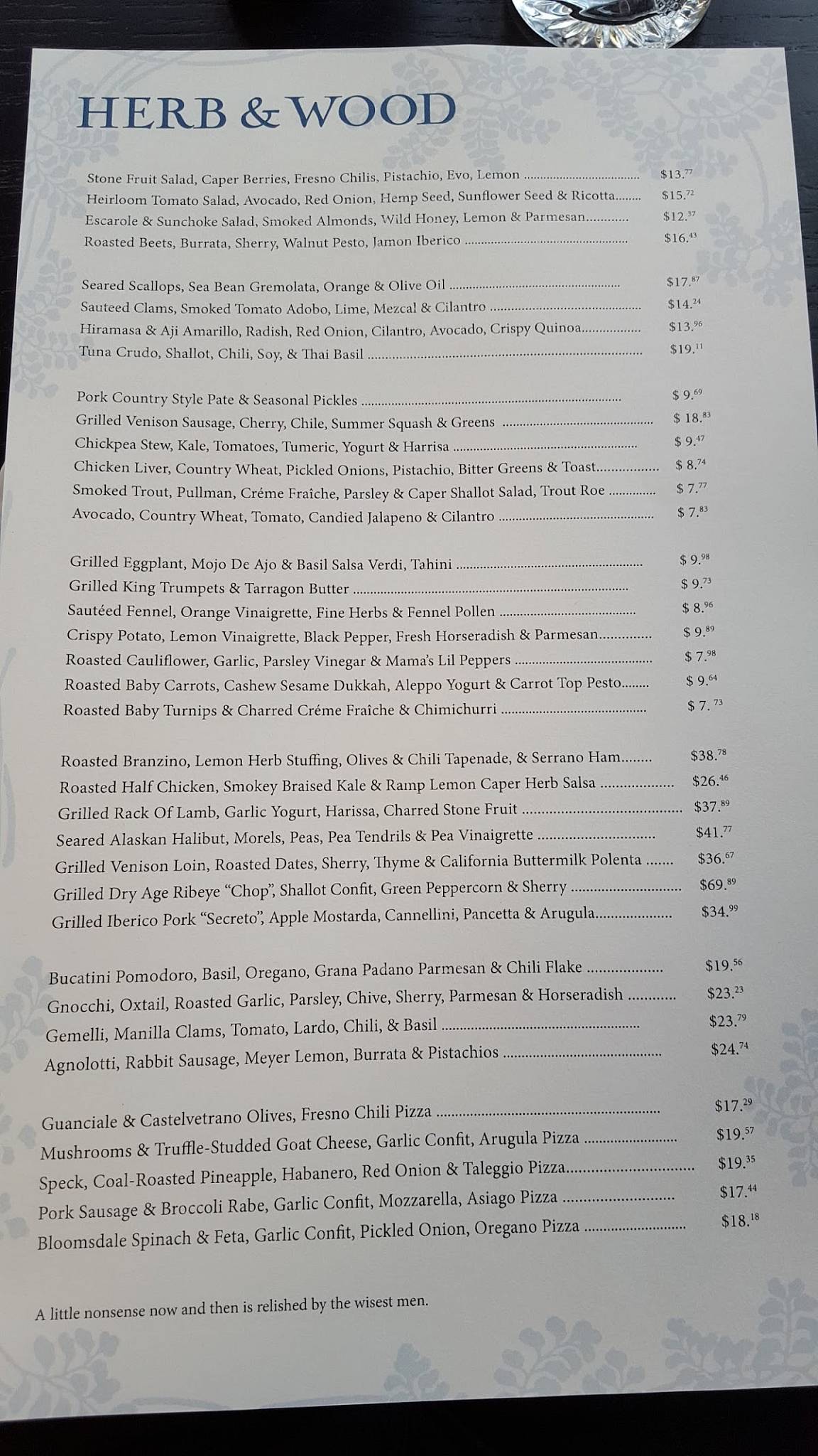 Menu at Herb & Wood restaurant, San Diego, Kettner Blvd