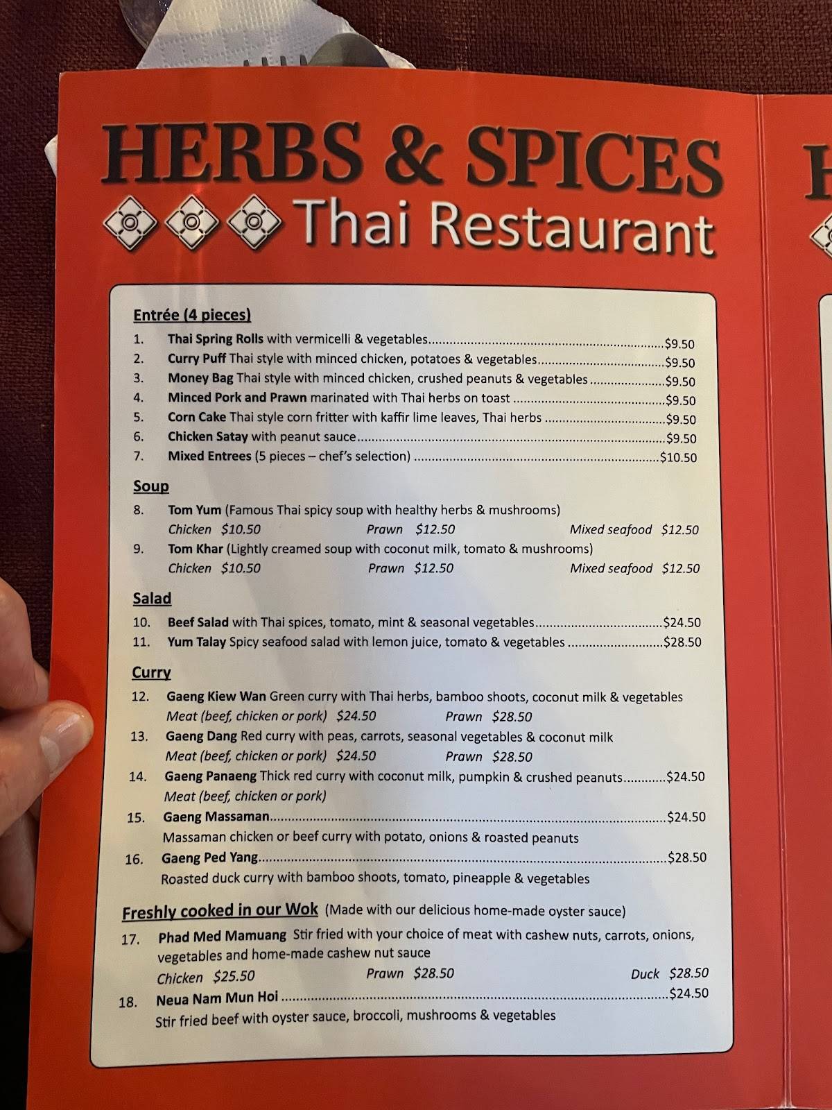 Menu at Herbs & Spice Thai Restaurant, Rotorua