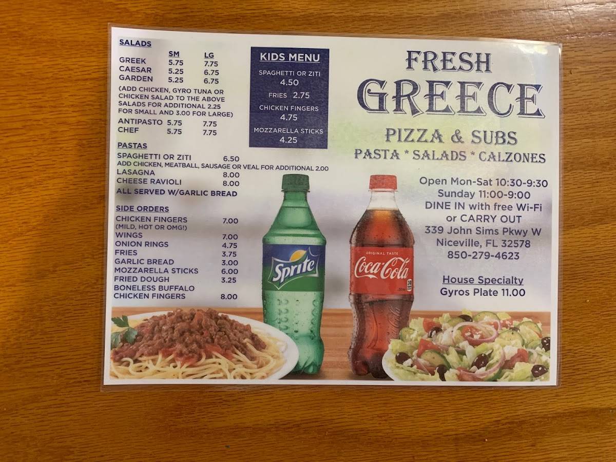 Menu at Fresh Greece Pizza & Grill pizzeria, Niceville