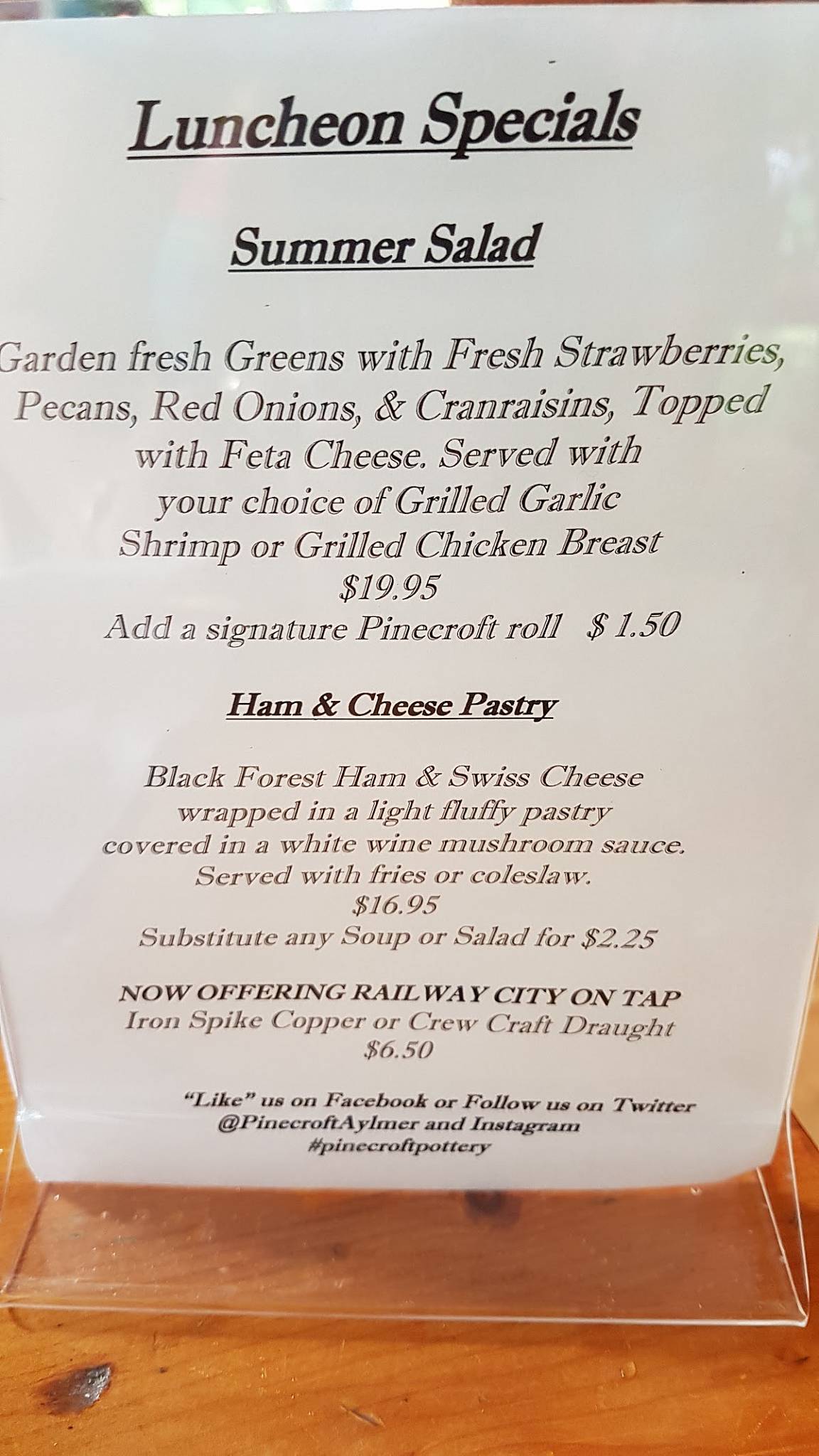 Menu at Pinecroft restaurant, Aylmer, Rogers Rd