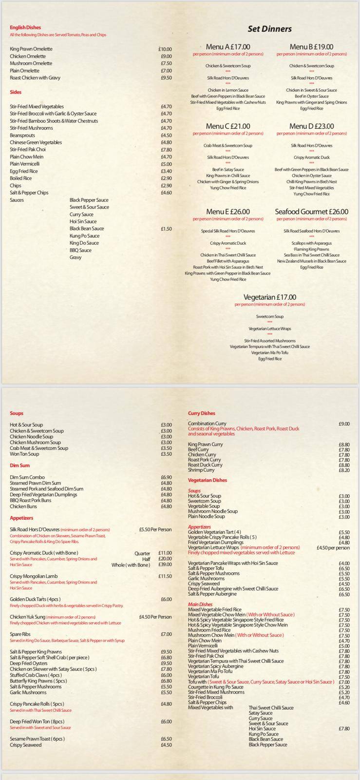 Menu at Silk Road II restaurant, Heacham