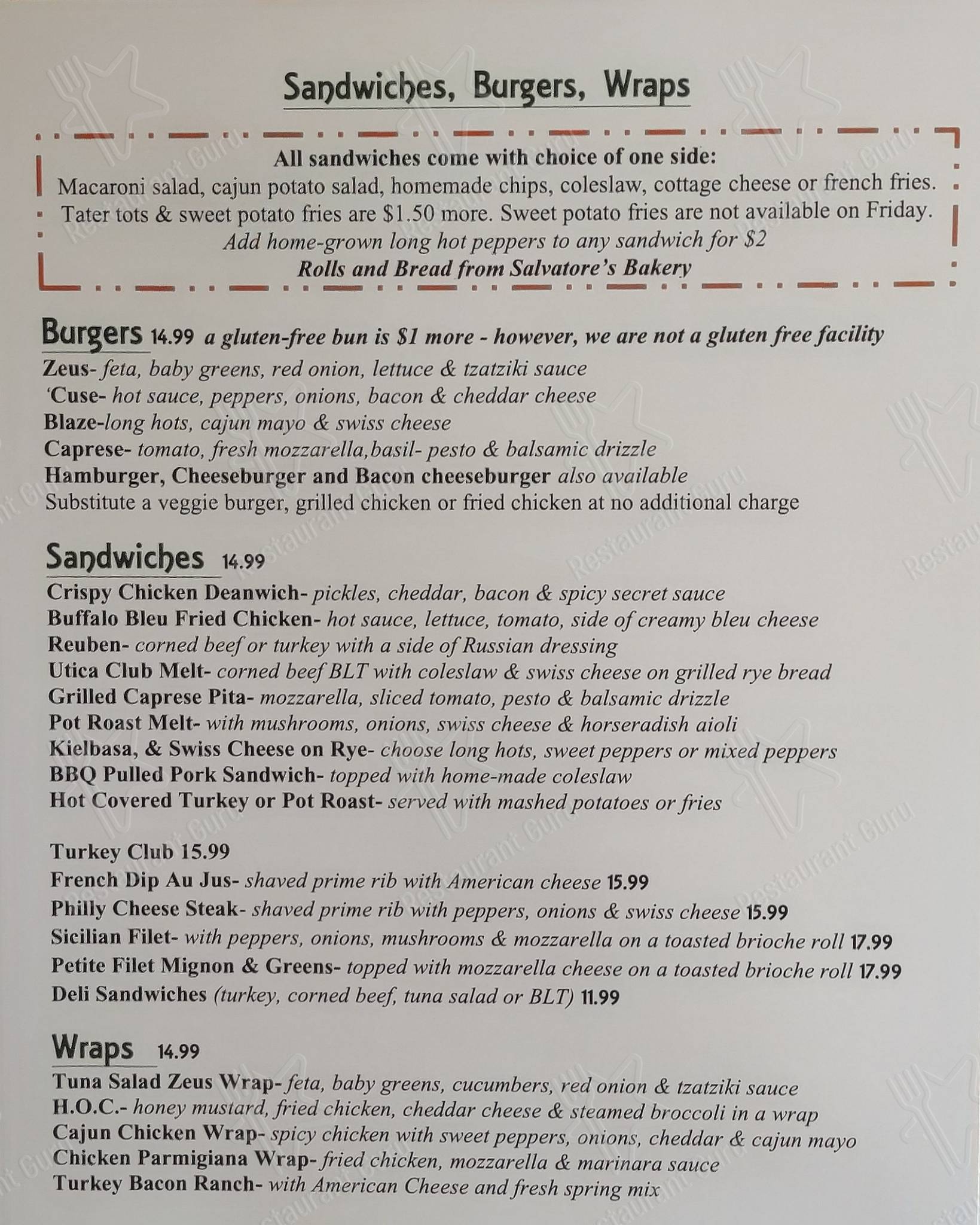 Menu at Packy's Pub, Washington Mills