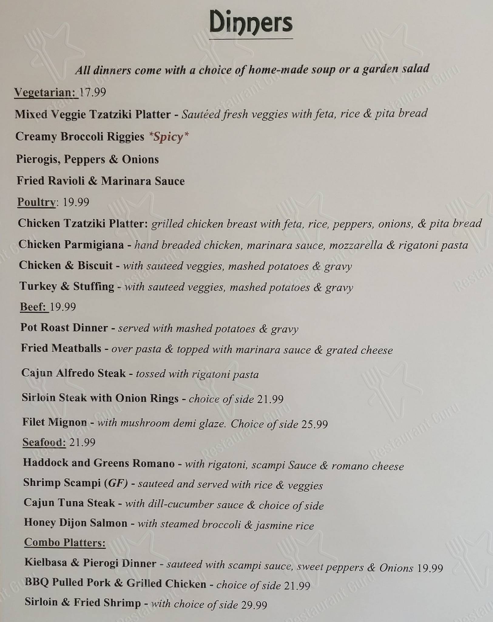 Menu at Packy's Pub, Washington Mills