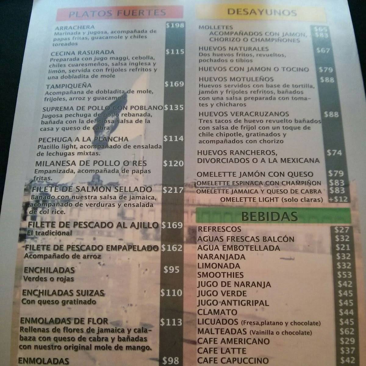 Carta del restaurante El Balcón del Zócalo, Ciudad del México, 5 De Mayo 61