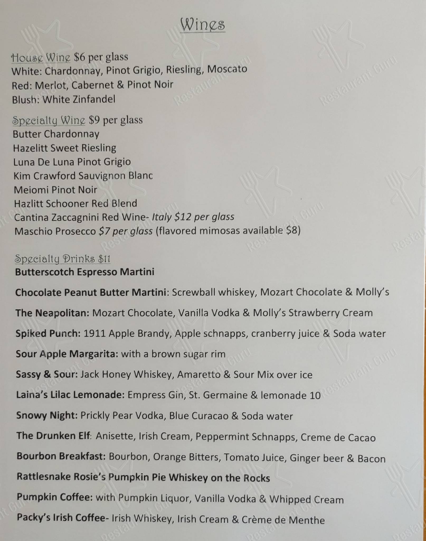 Menu at Packy's Pub, Washington Mills