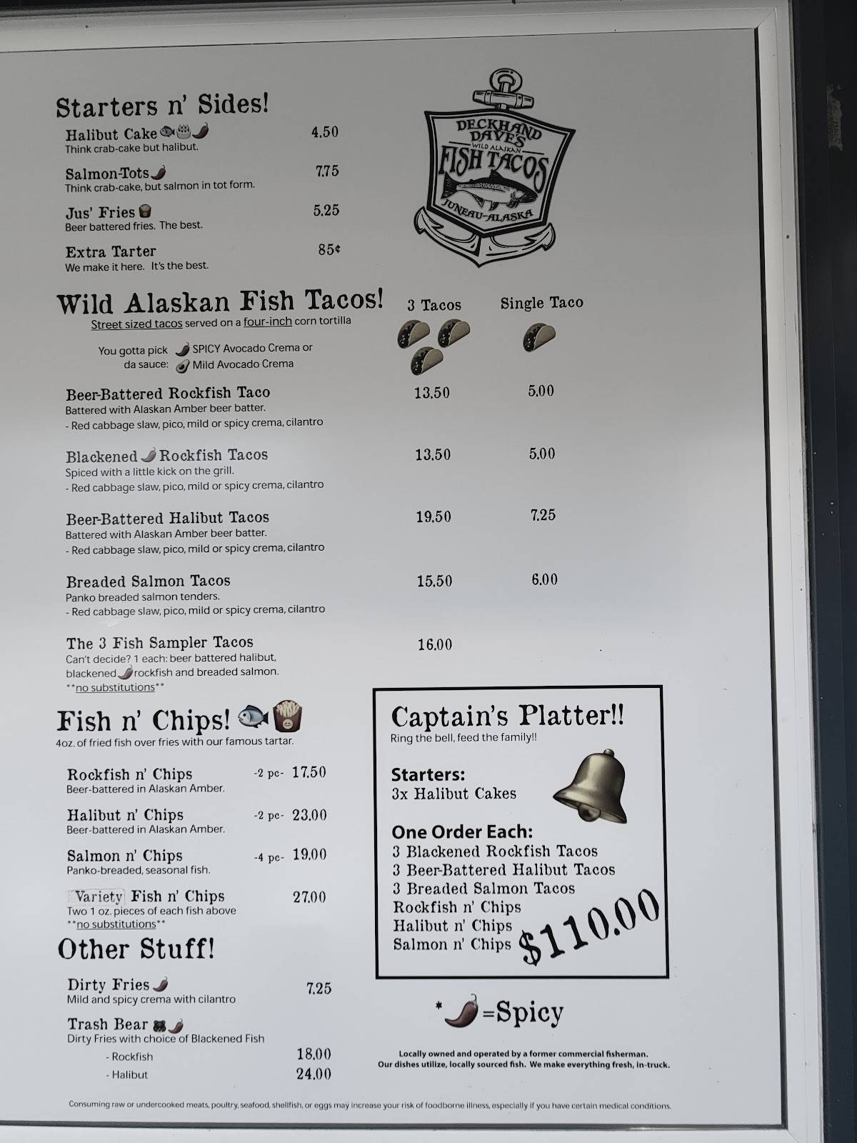 Menu at Deckhand Dave's Fish Tacos restaurant, Juneau, 139 S Franklin St