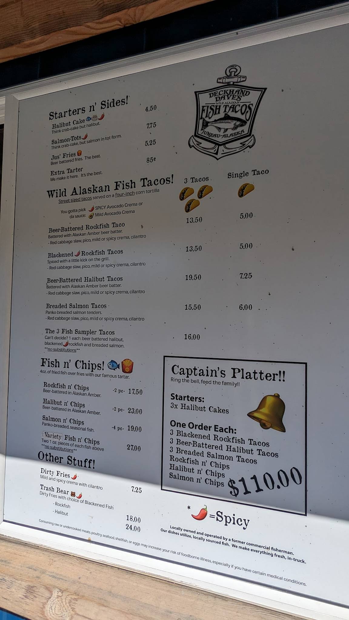 Menu at Deckhand Dave's Fish Tacos restaurant, Juneau, 139 S Franklin St