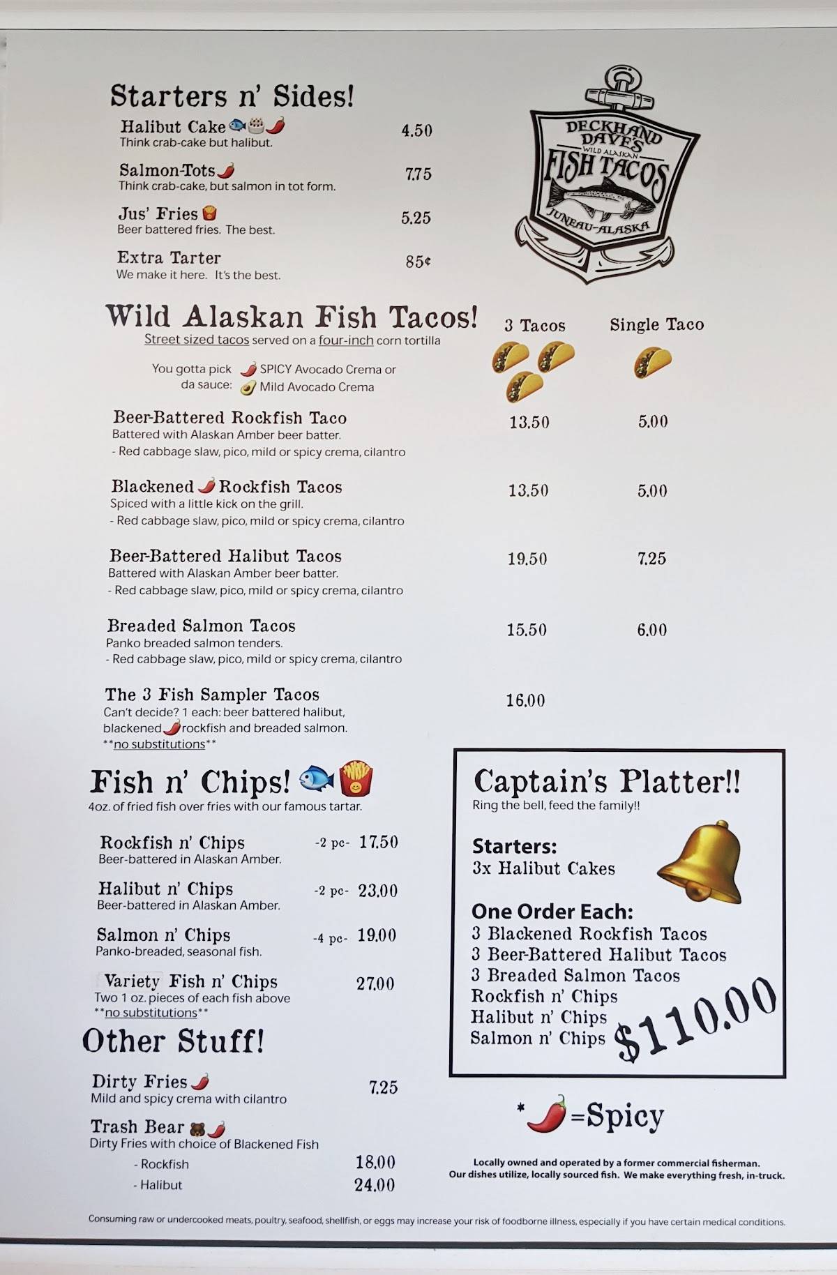Menu at Deckhand Dave's Fish Tacos restaurant, Juneau, 139 S Franklin St