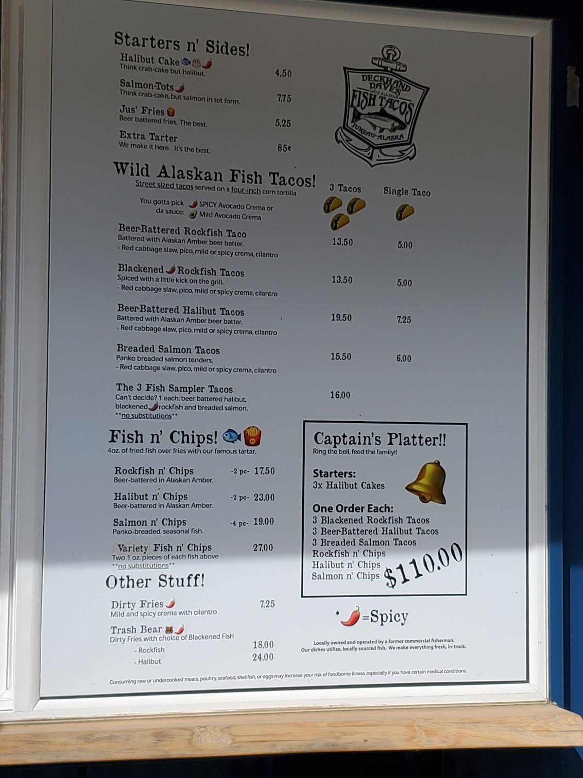 Menu at Deckhand Dave's Fish Tacos restaurant, Juneau, 139 S Franklin St