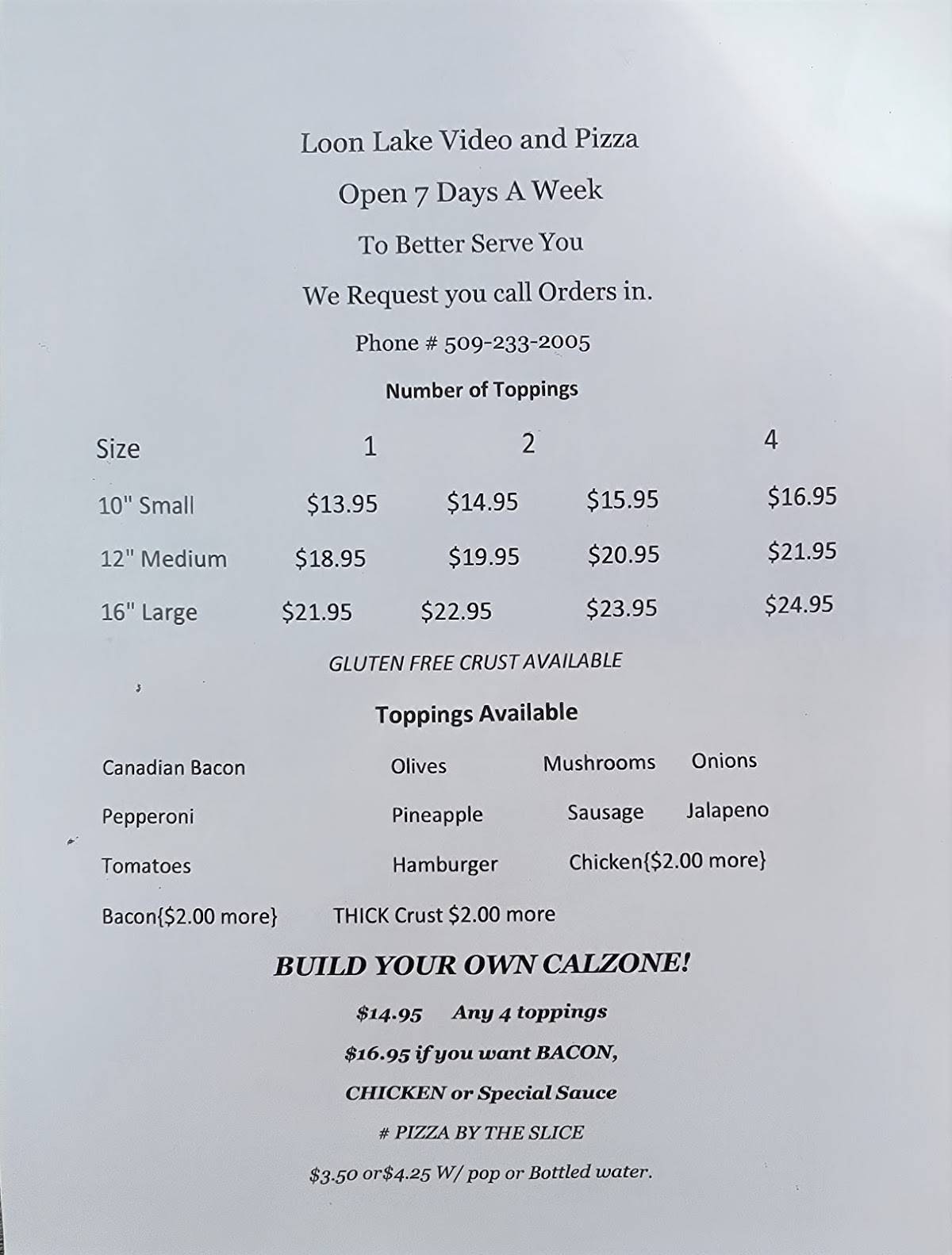 Menu at Loon Lake Pizza & Ice Cream pizzeria, Loon Lake