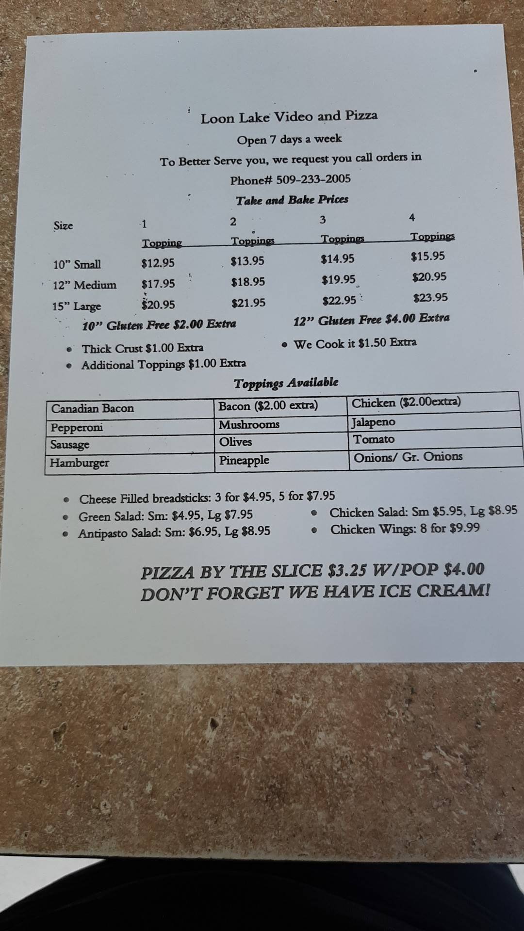 Menu at Loon Lake Pizza & Ice Cream pizzeria, Loon Lake
