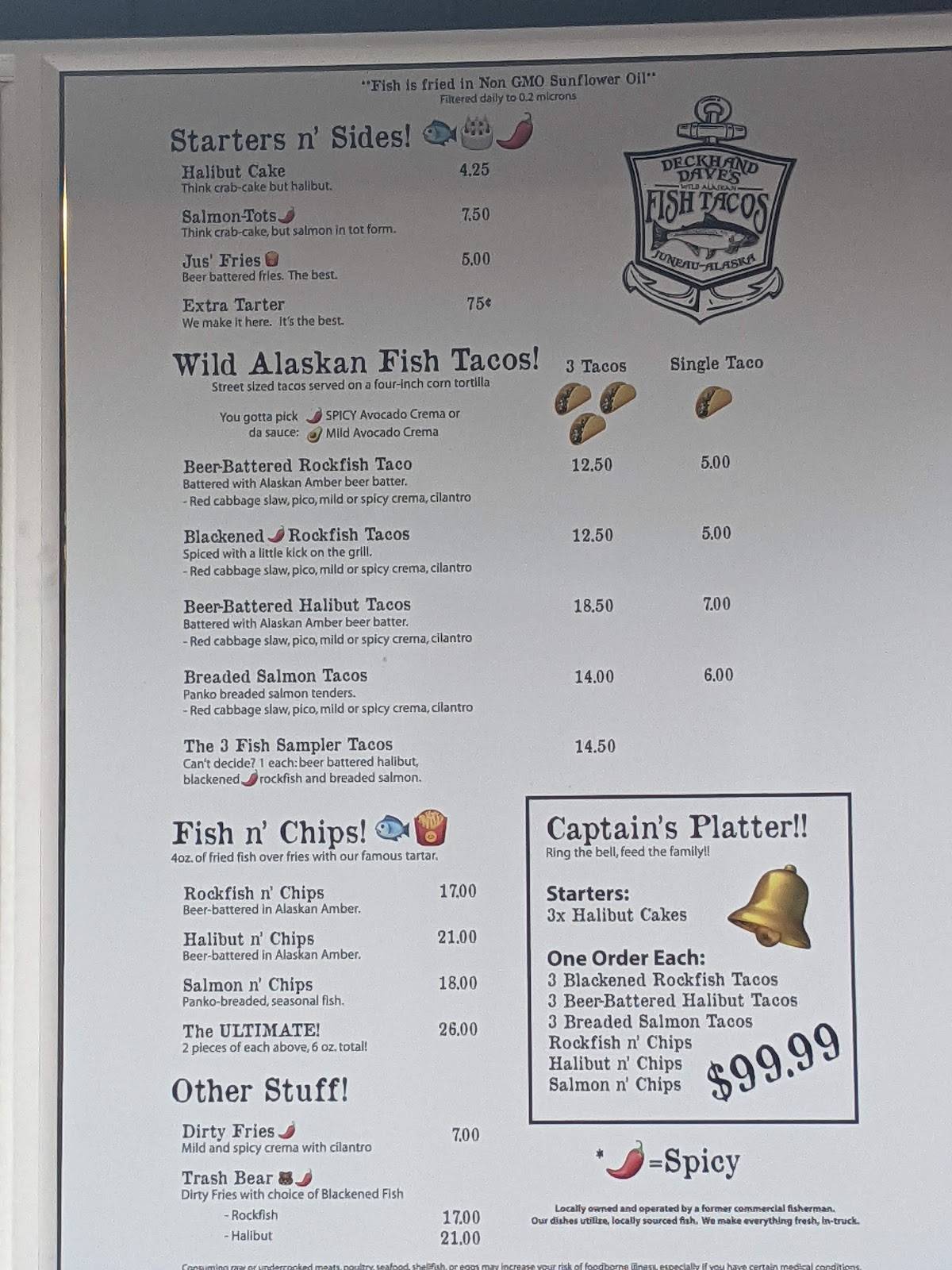 Menu at Deckhand Dave's Fish Tacos restaurant, Juneau, 139 S Franklin St