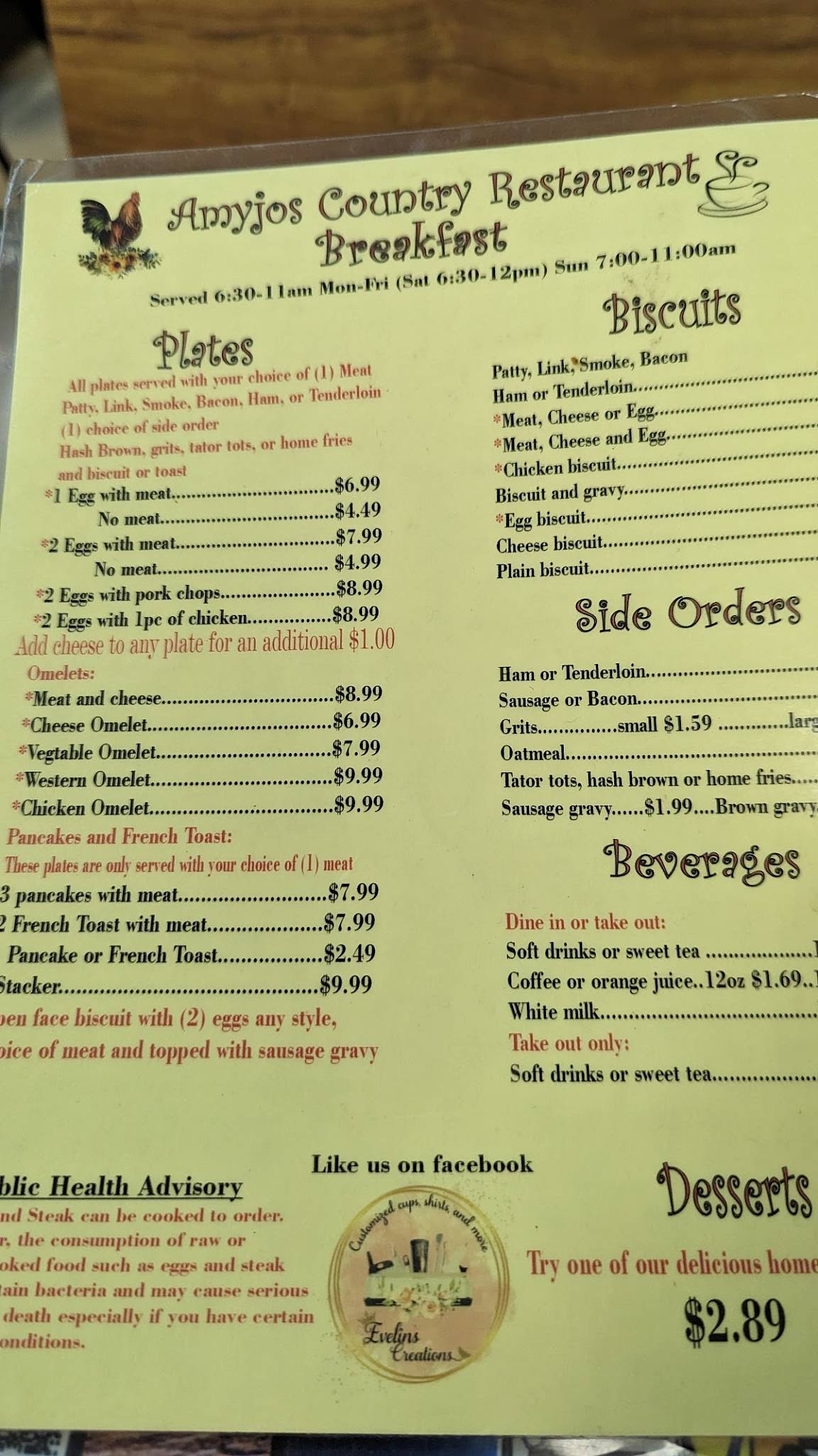 Menu at Amy Jo's Country Restaurant, Wilson, Nash St N