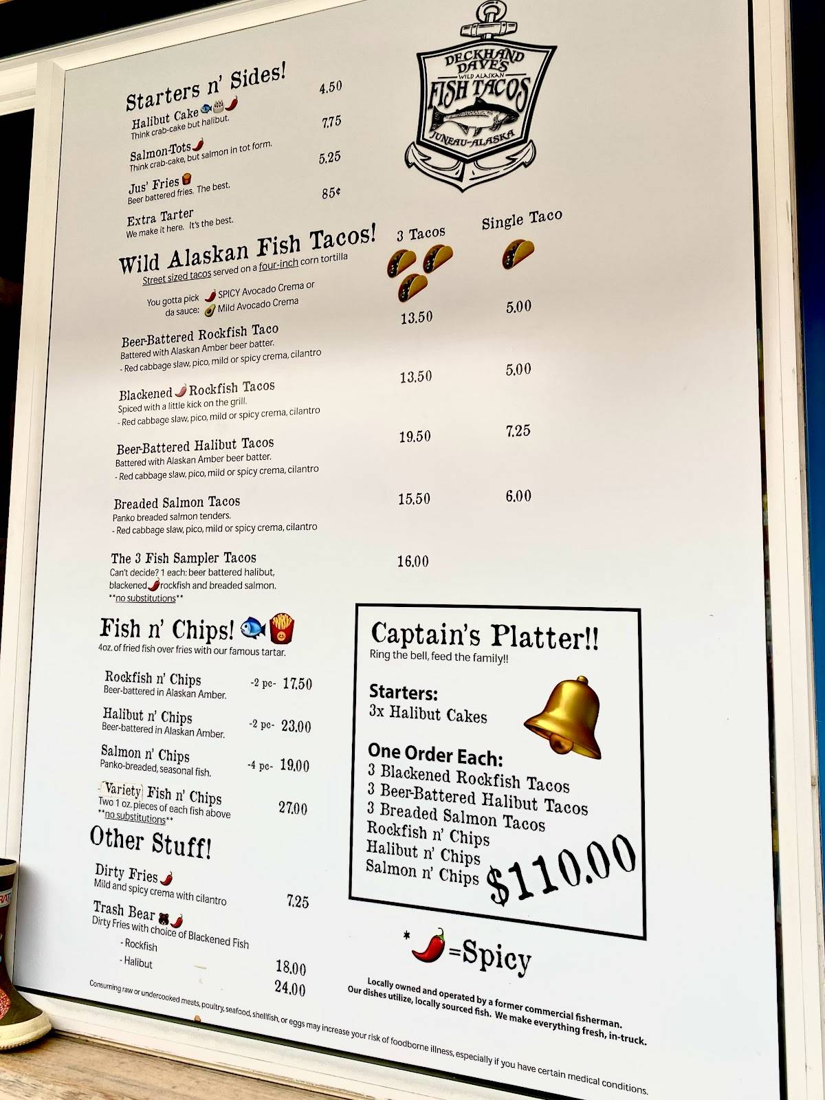 Menu at Deckhand Dave's Fish Tacos restaurant, Juneau, 139 S Franklin St