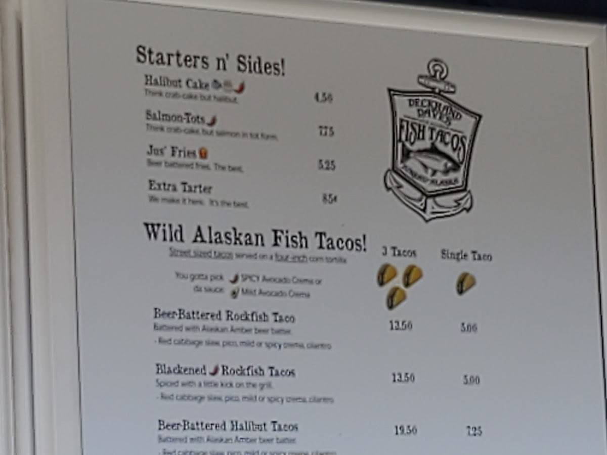 Menu at Deckhand Dave's Fish Tacos restaurant, Juneau, 139 S Franklin St