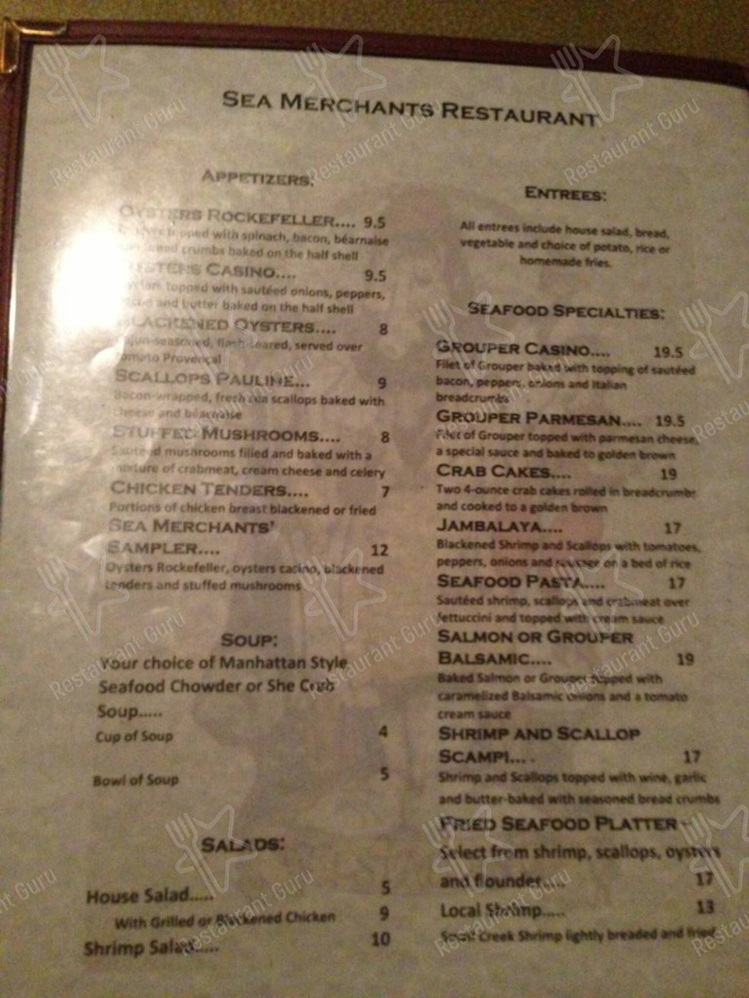 Menu at Sea Merchants Restaurant, North Myrtle Beach