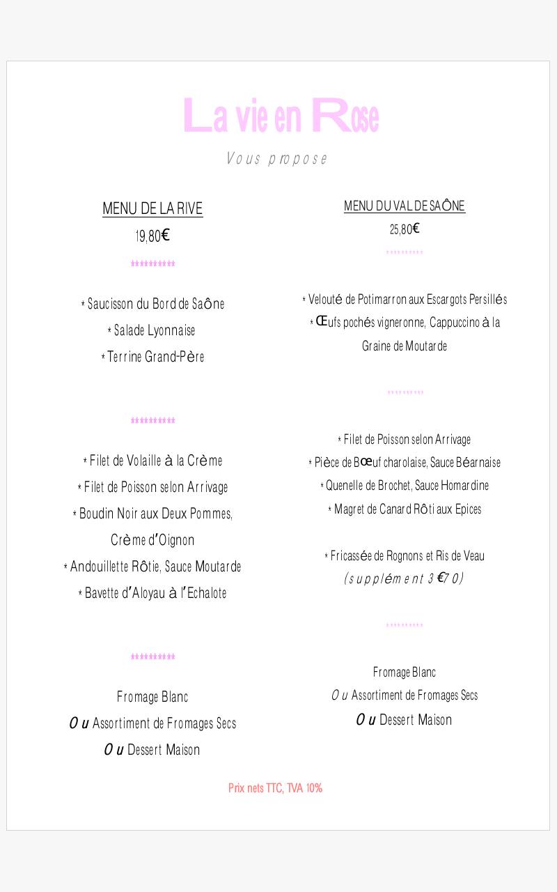 Menu au La Vie En Rose restaurant, AlbignysurSaône