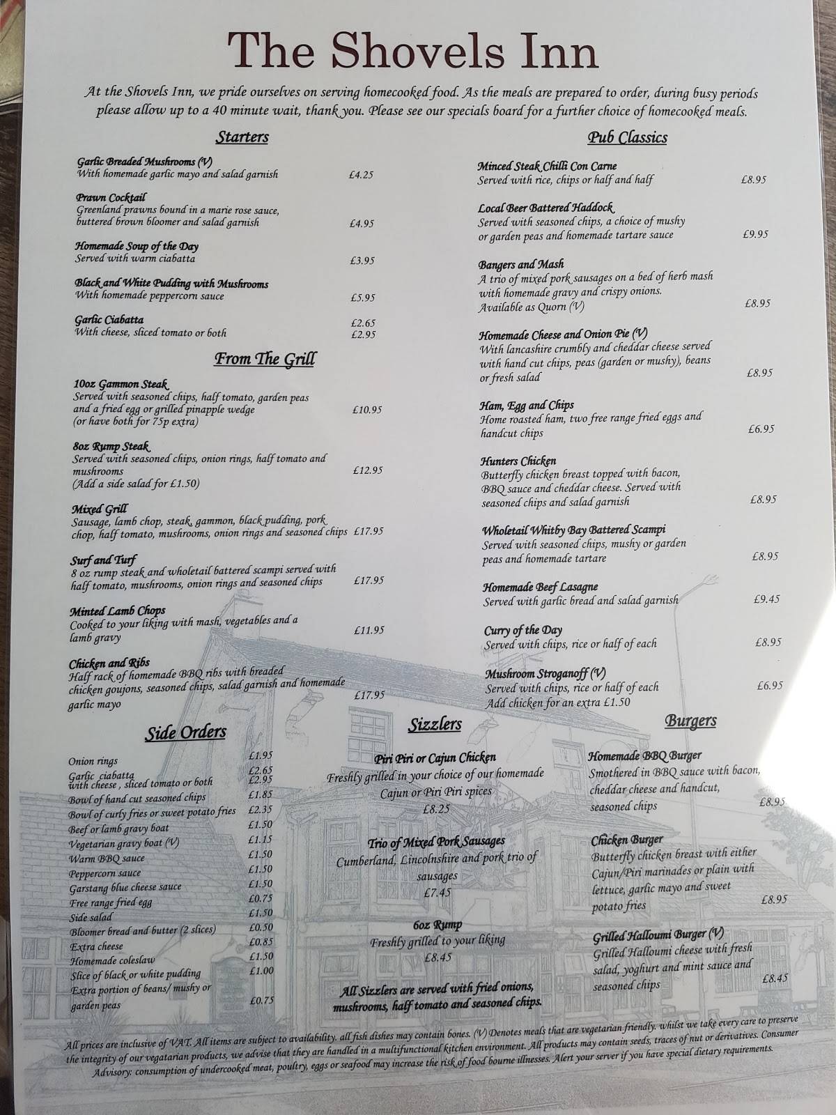 Menu at The Shovels Inn pub & bar, Hambleton